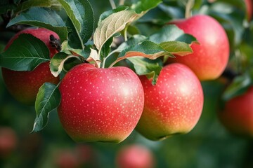 Obraz premium ripe red apples hanging from a leafy branch in a sunlit orchard, glossy skin and inviting fresh and abundant appearance