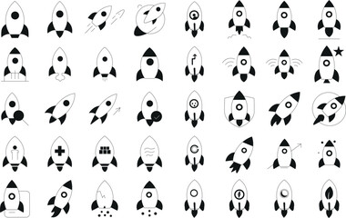 Fototapeta premium Rocket Launch Icons: A collection 40 various black white stylized rocket icons,