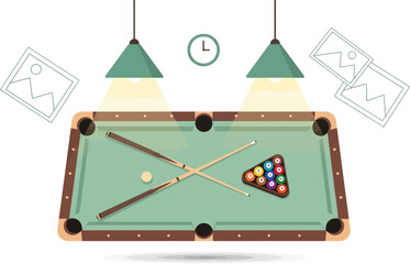 Pool table is viewed from above, featuring cue sticks, a rack of billiard balls, and two illuminated hanging lamps, surrounded by floating abstract image placeholders and a clock icon, representing.