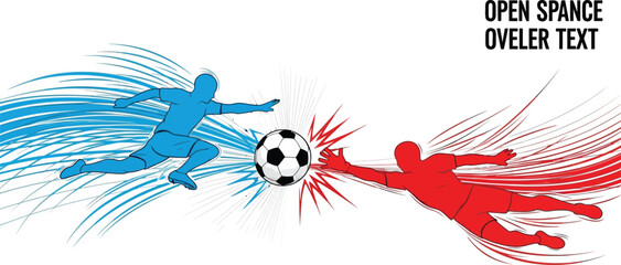 Soccer players in blue and red sportswear dynamically challenge each other for possession of a soccer ball, depicted with energetic motion lines on a white background, suggesting intense competition.