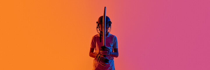 Cricket batsman standing front view with bat upright in neon studio. Concept of sports branding visuals, cricket club promotion, youth tournament advertising, and athletic equipment marketing. Banner © Lustre Art Group 