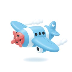 Naklejka premium A cute blue cartoon airplane with a red propeller and a heart detail is flying