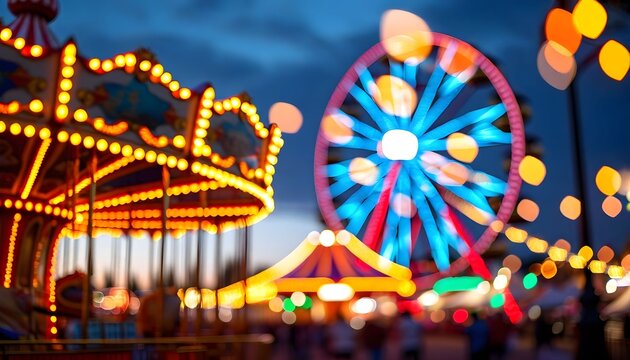 Vibrant evening scene of a lit-up Ferris wheel and merry-go-round at a bustling summer carnival with people.