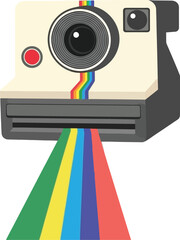 A retro instant camera illustration features a vibrant rainbow-colored light beam descending from its front, symbolizing creativity and colorful memories.