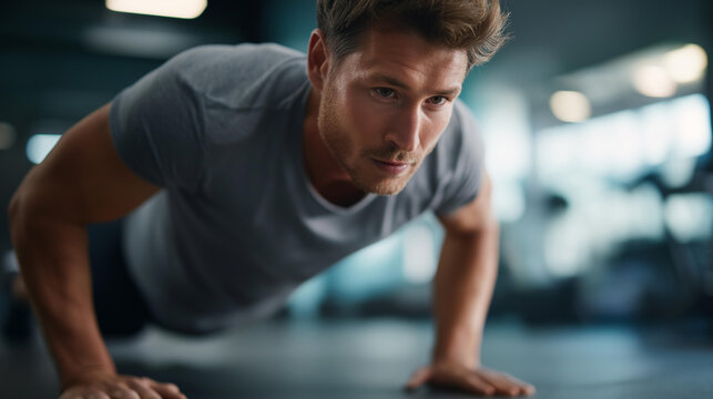 Strengthening efforts man performing push-ups in gym workout, bodyweight exercise demonstration, upper body training session, fitness strength routine, defocused equipment background, faceless