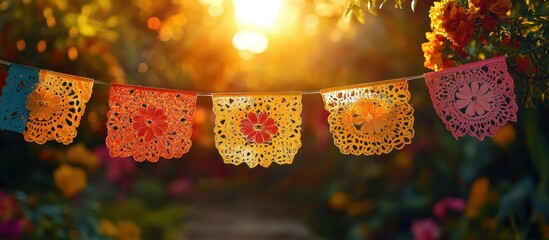 string of colorful lace paper banners with floral cutouts hanging across a sunlit garden path at golden sunset, warm festive and delicate mood