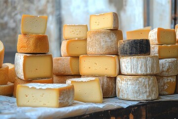 stacked artisanal cheese wheels and cut wedges on a rustic wooden table with creamy pale yellow interiors and textured rinds, warm inviting appetizing display