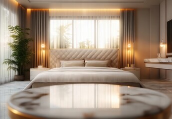 Sunlit luxurious neutral bedroom with tufted headboard, king bed, soft linens, bedside lamps, sheer curtains, potted palm, marble surfaces and warm cozy atmosphere