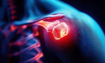 close-up anatomical visualization of a human shoulder showing humeral head, scapula and ribs with glowing red inflammation indicating pain and injury