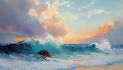 turquoise waves breaking around a dark rock beneath a pastel sunset sky with glowing clouds, textured brushstrokes conveying tranquil majesty
