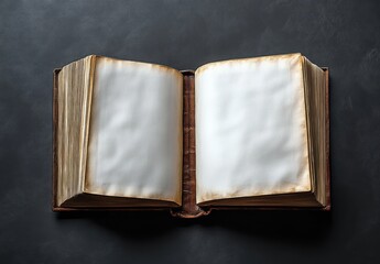 open antique leather-bound book with blank aged pages on a dark textured surface evoking nostalgia and quiet mystery