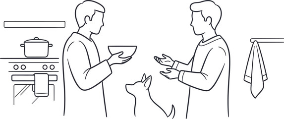 Two men engage in conversation within a modern kitchen setting, with one man holding a bowl while a small dog looks up expectantly, depicting a warm domestic interaction.