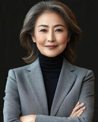 Confident mature professional with gray hair in a gray blazer and black turtleneck, arms crossed, poised against a dark background