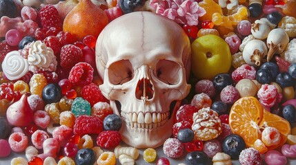 colorful abundant assortment of fresh fruits and assorted candies, meringues and sugared confections evoking joyful festive indulgence