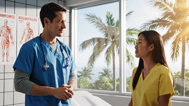 Doctor and nurse in clinic with palm trees