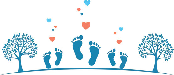 Blue footprints of varying sizes, representing a family's journey, are arranged symmetrically with stylized trees and floating hearts, symbolizing love and growth on a clean white background.