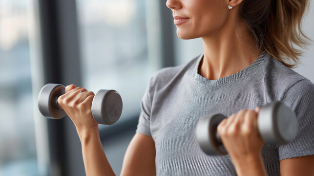 Woman exercising with dumbbells indoors in natural light, focusing on strength training, home workout session, residential fitness routine, defocused interior background, faceless exercise, with