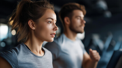 Fototapeta premium Fit young woman and man running on treadmill during workout class at fitness gym, cardio training together, group exercise session, defocused equipment background, with copy space