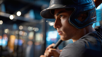 Player in batting helmet preparing to swing baseball bat indoors, blurred background highlighting training facility, sports practice session, athletic skill development, defocused environment,