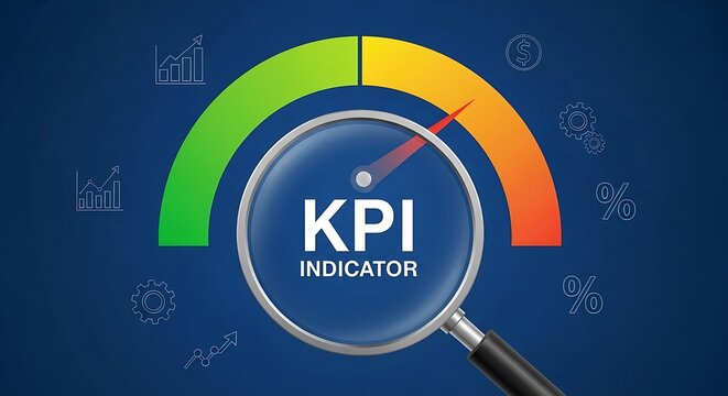 Measuring performance with a kpi indicator gauge and magnifying glass.