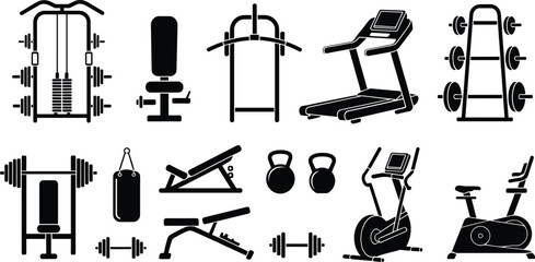 Obraz premium Gym equipment silhouette icon set, fitness workout machines and weight training tools including treadmill, bench press, kettlebell, dumbbell and exercise bike