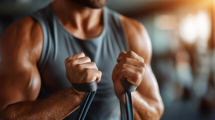 Athletic resistance band training session, elastic fitness workout, stretching exercise routine, flexibility strength combination, portable gym equipment, defocused background, with copy space