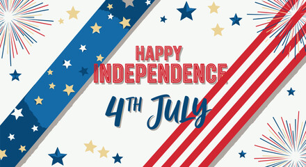Fototapeta premium Happy 4th of July Independence Day banner with fireworks and stars, vector illustration for poster or social media