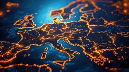 Futuristic glowing digital map of Europe with vibrant orange network lights, dotted city nodes and deep blue sea conveying connectivity and energy
