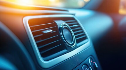 Fototapeta premium Close-up View of Modern Car Air Conditioning Vent with Sleek Design and Soft Lighting, Capturing the Essence of Automotive Comfort and Luxury Interiors