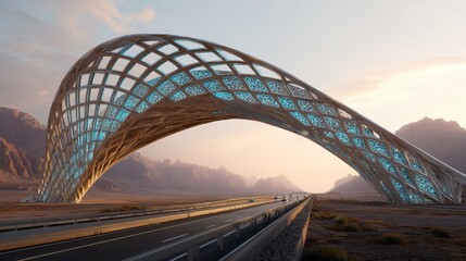 Obraz premium Futuristic highway with an arched tunnel featuring glowing blue panels. Architectural design concept for smart city infrastructure and modern transportation.
