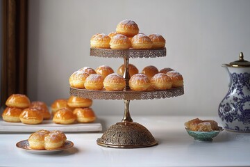 Elegant two-tier gold stand piled with powdered cream puffs, extra plates of pastries and a blue floral porcelain teapot on a white table, inviting afternoon tea scene