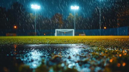 empty rain-soaked soccer field at night with illuminated goal, glowing floodlights, reflective wet turf and a moody, solitary atmosphere