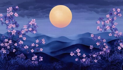 golden full moon over layered blue mountains framed by pink cherry blossom branches, tranquil dreamy twilight landscape