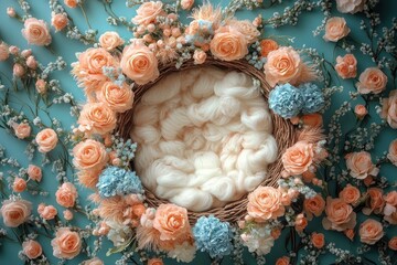 Woven twig nest filled with soft white wool roving, encircled by peach roses, blue hydrangea clusters, delicate baby's breath and dried grasses on a teal background, dreamy and serene
