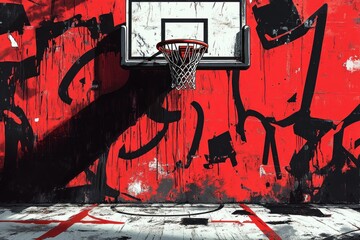 Empty urban basketball hoop and backboard casting a dramatic shadow on a worn concrete court against a red graffiti covered wall, gritty and intense atmosphere