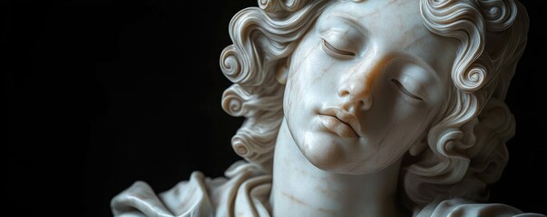 close-up of a marble bust with intricate carved curls and flowing drapery lit dramatically to evoke quiet serenity and timeless elegance