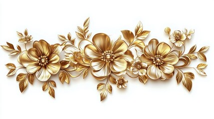 ornate golden metallic floral arrangement with three large stylized blossoms, leaves and buds on white background, elegant and luxurious
