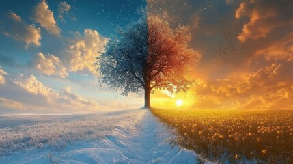 single tree standing on a divided landscape with snowy winter on the left and a golden sunlit flower meadow at sunset on the right, serene and dramatic contrast