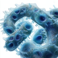 magnified twisting blue microbial strands with textured cell-like cavities and translucent surfaces conveying curiosity and subtle unease