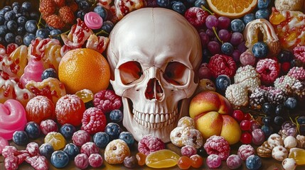 vibrant abundant spread of ripe berries, citrus, peaches, glossy grapes and assorted candied sweets and pastries evoking joyful indulgence