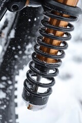 close-up of a snow-dusted coil spring shock absorber and knobby tire with falling snow conveying cold rugged resilience