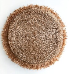 round woven seagrass placemat with fringe on white background, warm natural texture and cozy rustic aesthetic