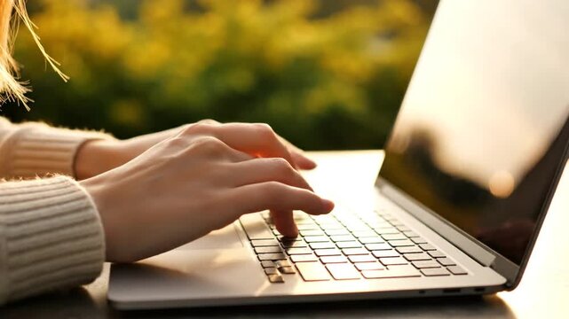 Person typing on laptop keyboard outdoors with blurred yellow flowers in the background