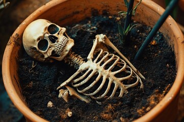 small human skeleton model half-buried in dark potting soil inside a terracotta plant pot next to a struggling sprout and support stake, eerie macabre mood