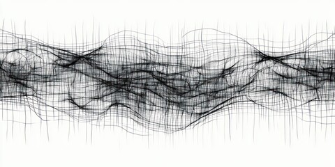 Interwoven black lines forming an undulating horizontal band across a white background, evoking tension and dynamic motion