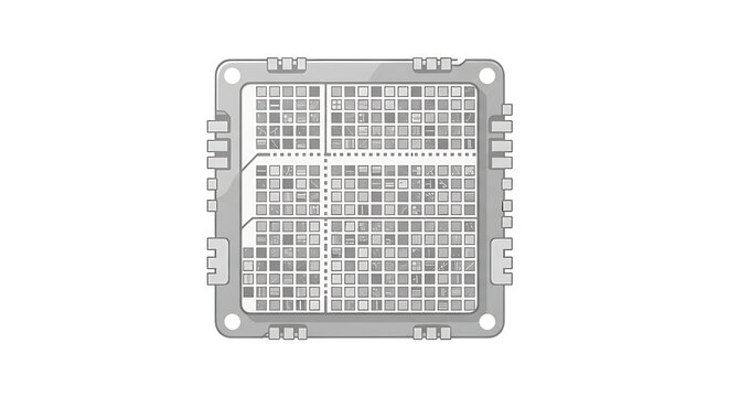 Technical illustration of a microchip grid viewed from directly above in a clean environment