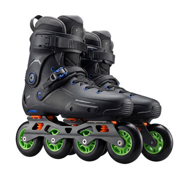 Freestyle inline skates with shock-absorbing frames and aggressive wheels.