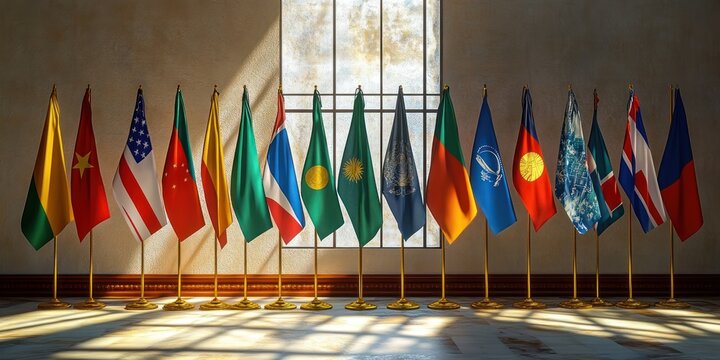 Row of colorful national and organizational flags on gold stands in a sunlit ceremonial room with tall window, wooden floor and a calm, solemn diplomatic atmosphere