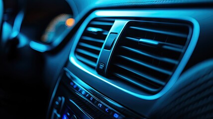 Close-Up View of Car Air Vent with Blue Ambient Light Highlighting Interior Design in Modern Vehicle Featuring Sleek Buttons and Dashboard Controls