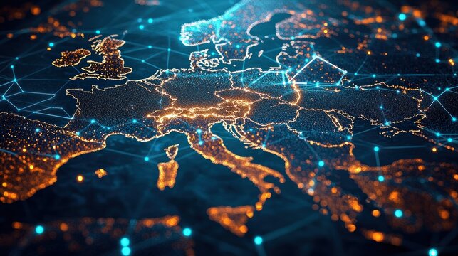 glowing 3d digital map of europe with interconnected orange city lights and blue network nodes and lines, a vibrant futuristic visualization conveying dynamic connectivity and data flow